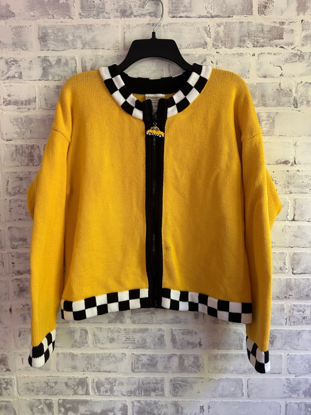 Womens Large Yellow Knit Zip Cardigan NYC Taxi Checkerboard Vintage Mrs. Frizzle